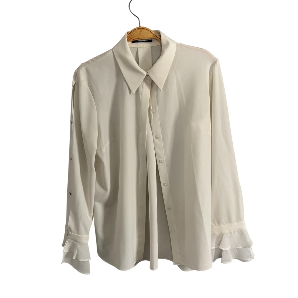 T TAHARI Elegant Off White Office Ruffle Long Sleeve Button-Up Blouse Top S